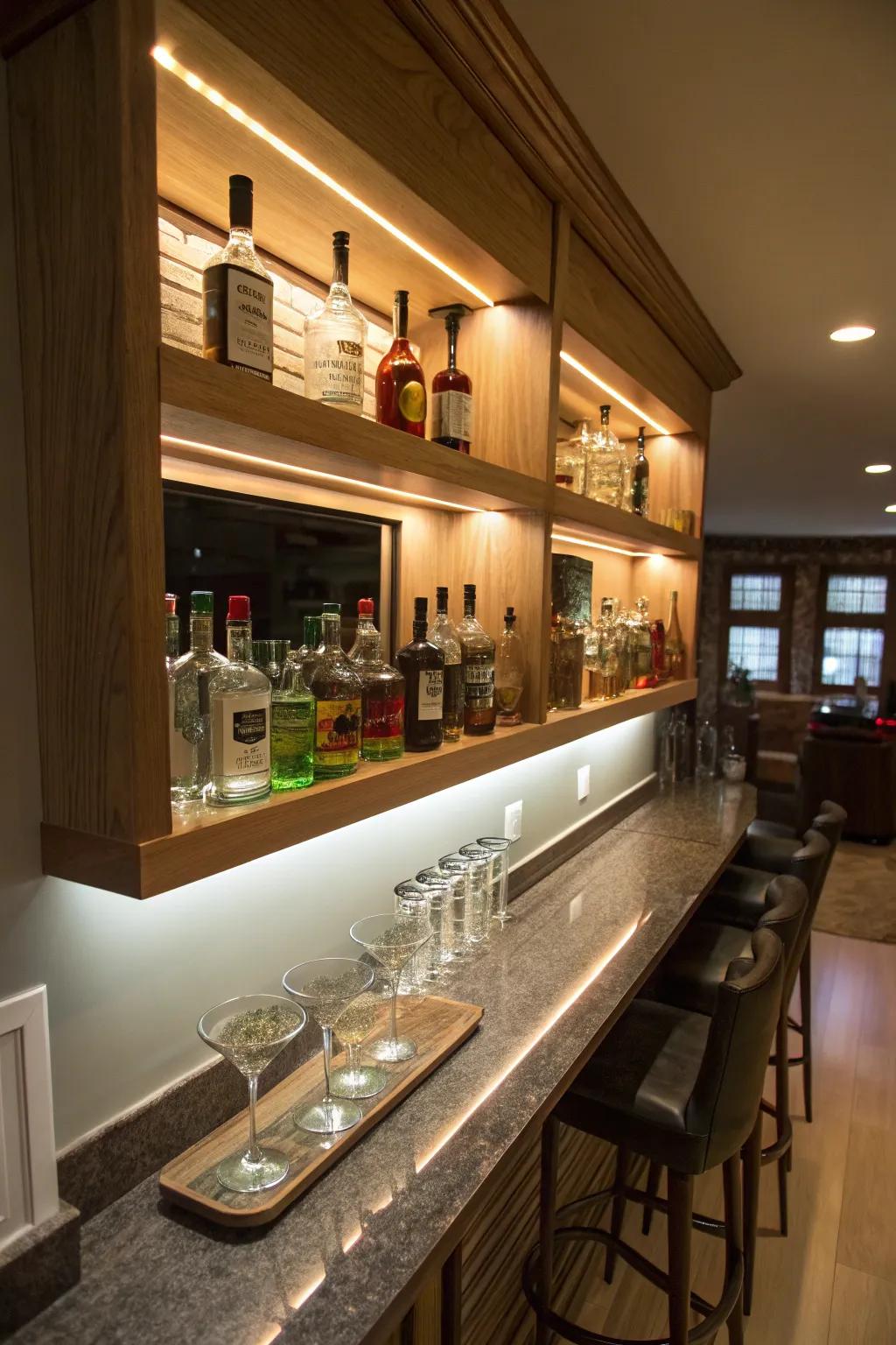 Floating shelves equipped with LED lighting for a modern home bar.
