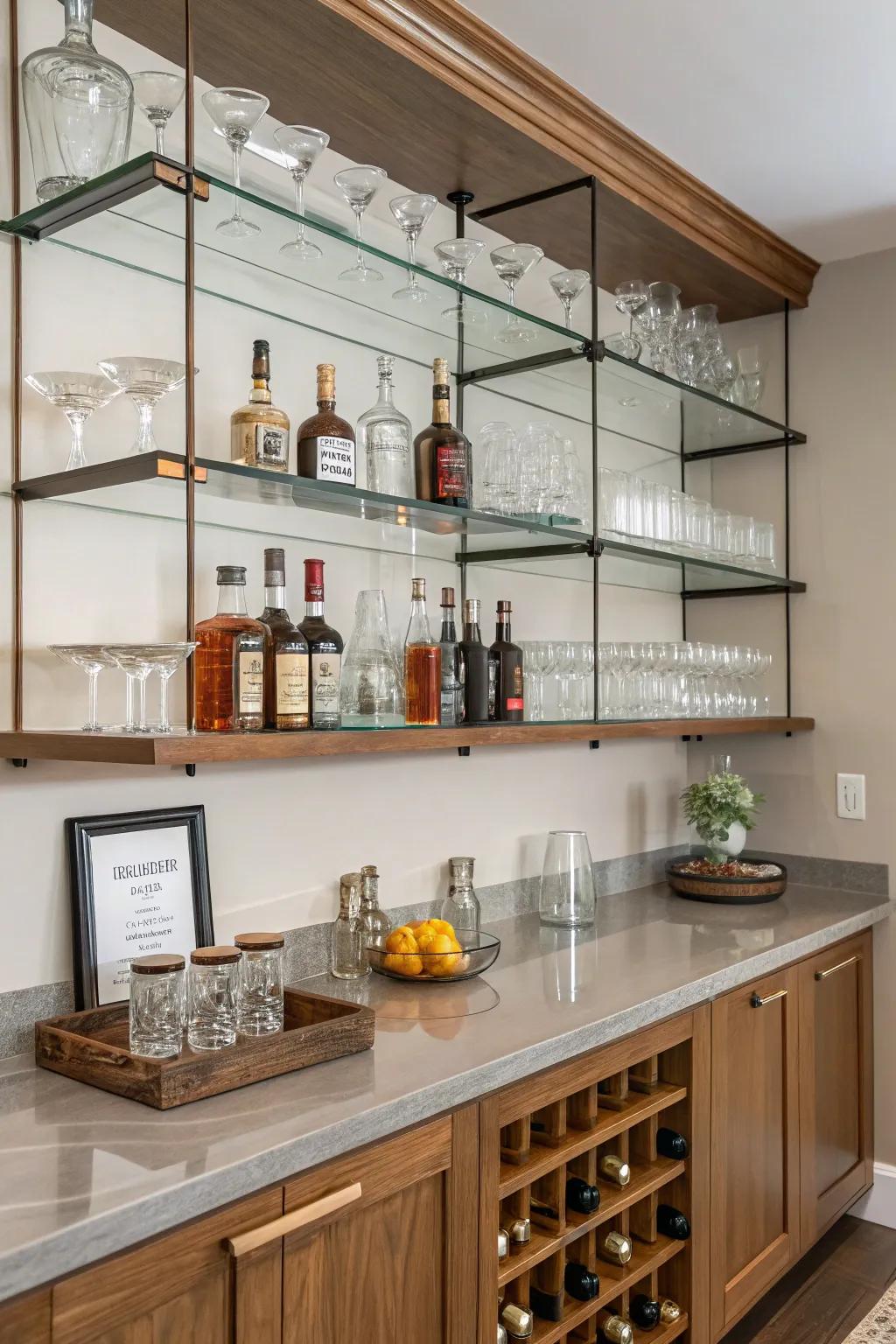 Wall-mounted shelves offer an elegant yet minimalist display solution for your spirits and glassware.