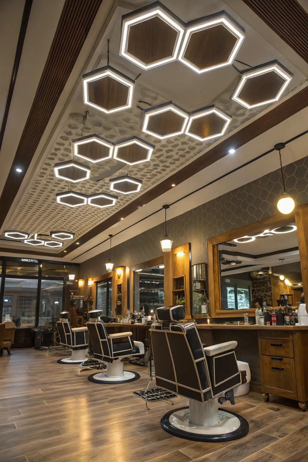 Contemporary barbershop showcasing striking angular ceiling luminaires.