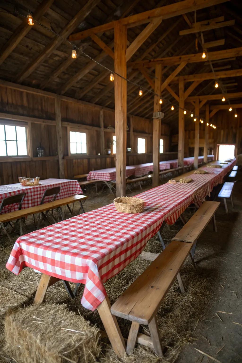 Checkered tablecloths introduce a hint of country magic to any barn setting.