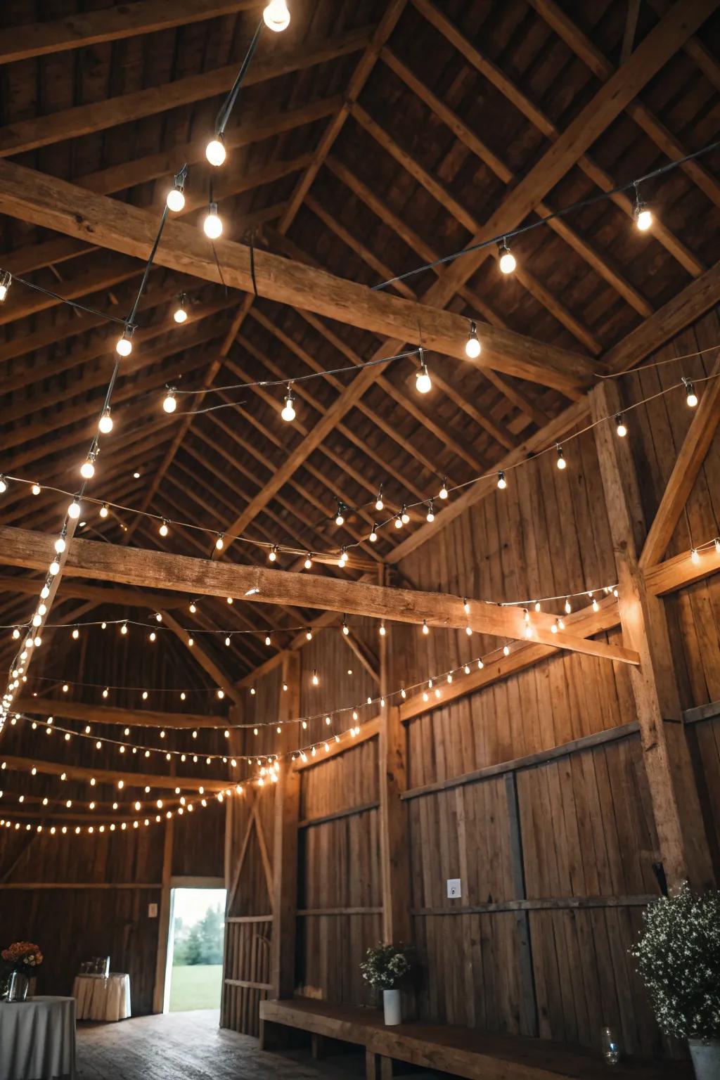 Fairy lights provide a comfortable glow to barn interiors.