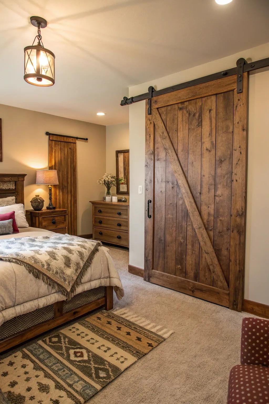 A rustic bedroom featuring a distressed wood barn door, adding warmth and character.