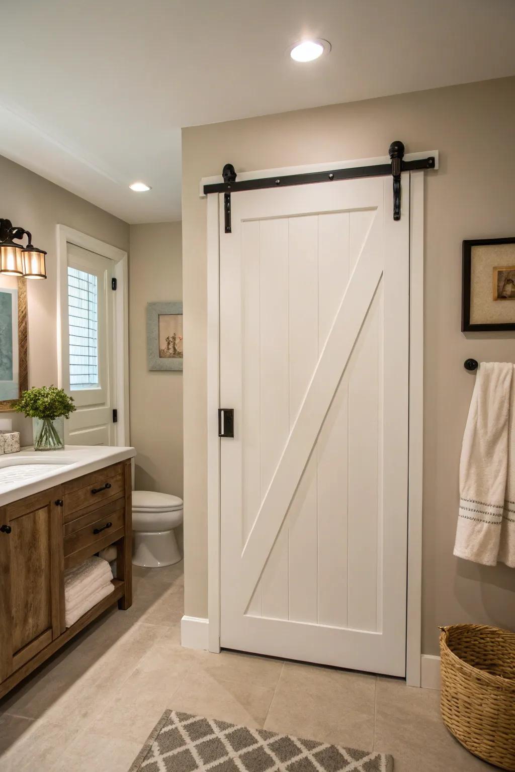 Classic white barn door enhances the sense of space in a cozy bathroom.