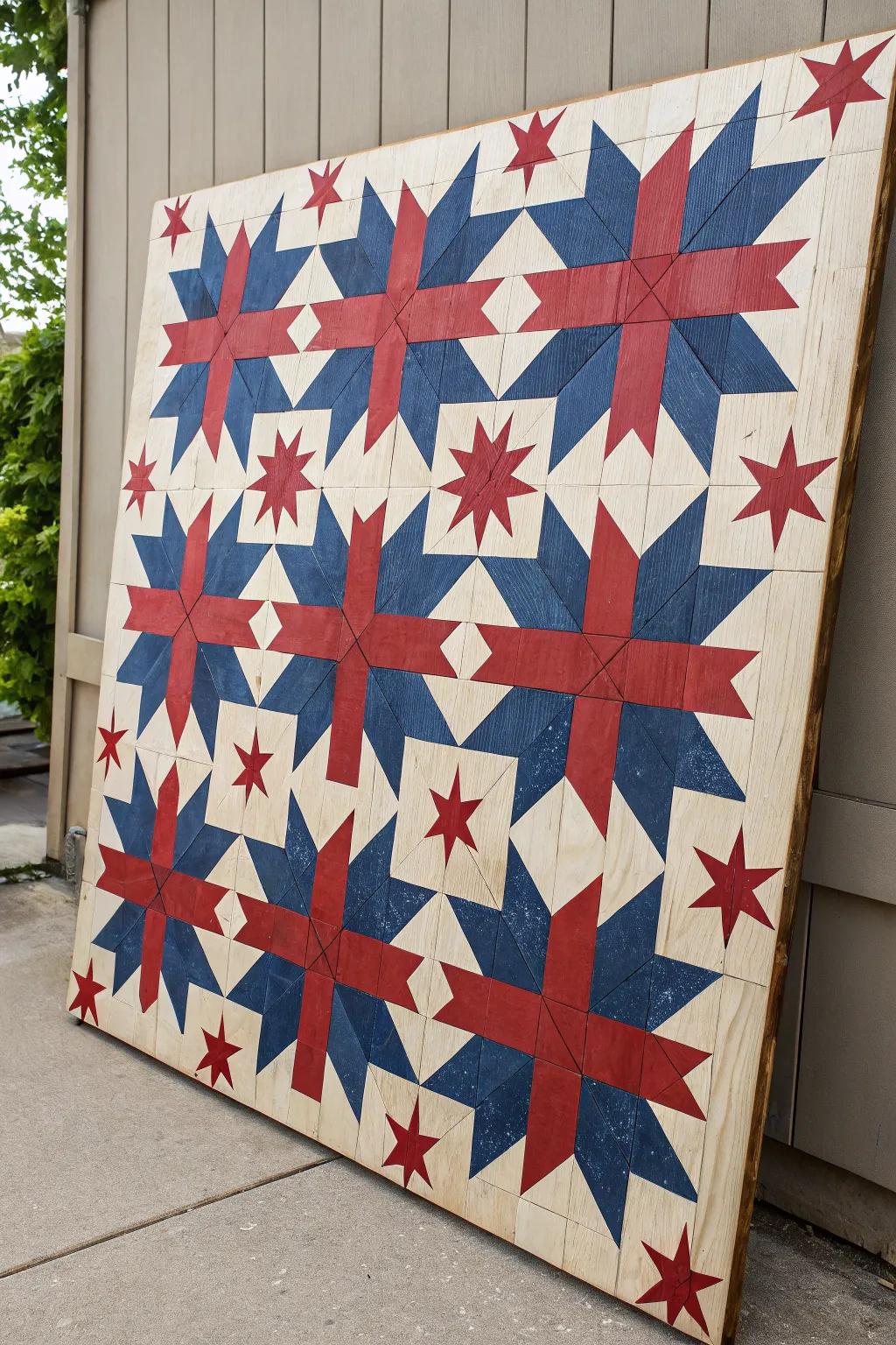 Classic star quilt pattern on a wooden board.