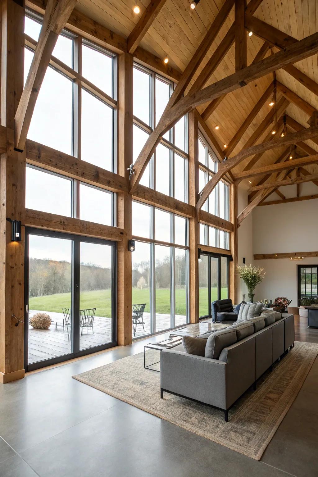 A balanced combination of modern and rustic aesthetics creates a welcoming barndominium living space.