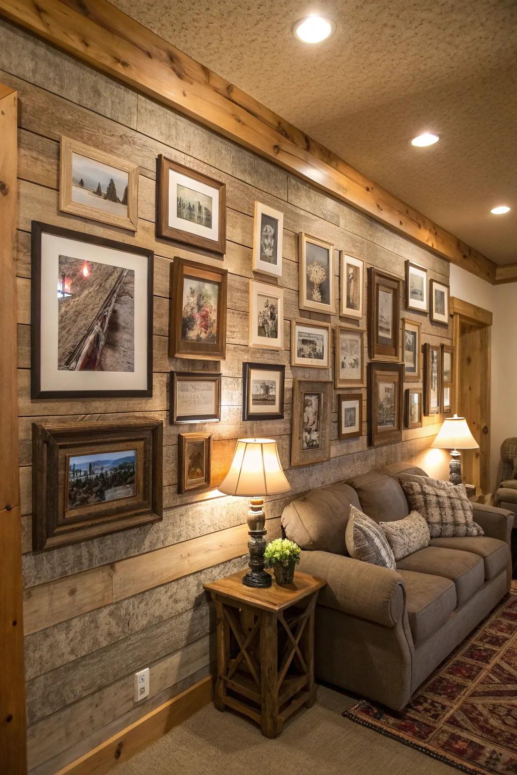 A down-to-earth feature wall showcasing a variety of reclaimed wood frames.