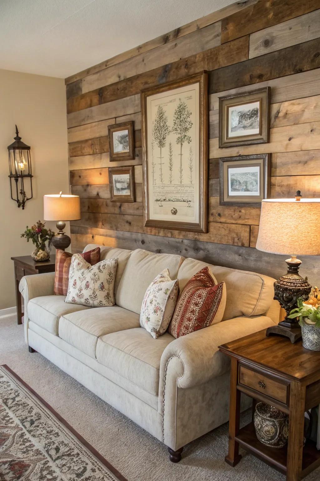 Barnwood accent wall establishing a warm setting in a living space.