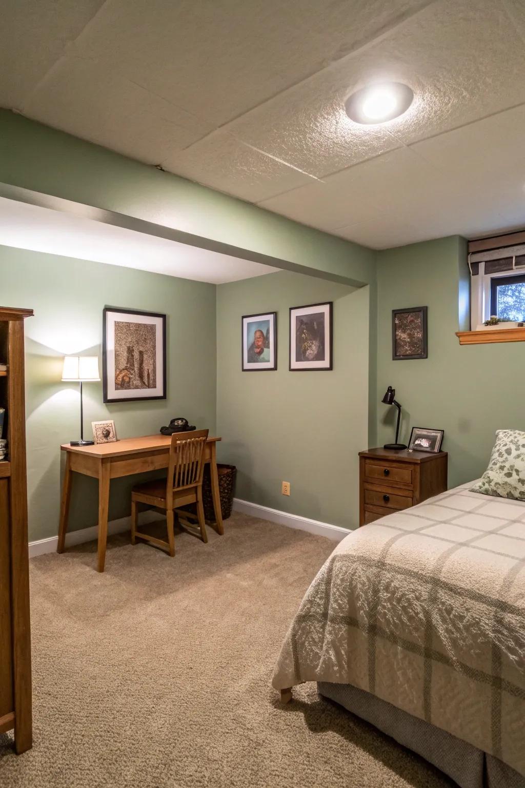 A fresh coat of shield in a gentle sage shade breathes life into this economical basement bedroom.