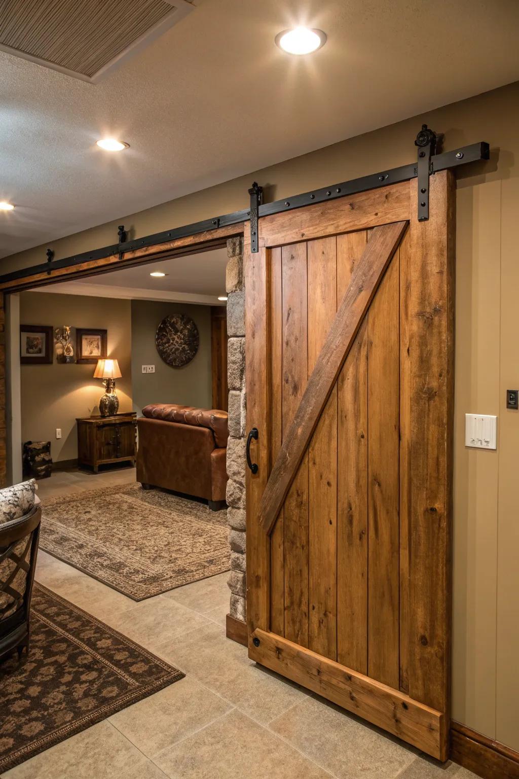 A rustic sliding barn door brings character and optimizes space in the basement.