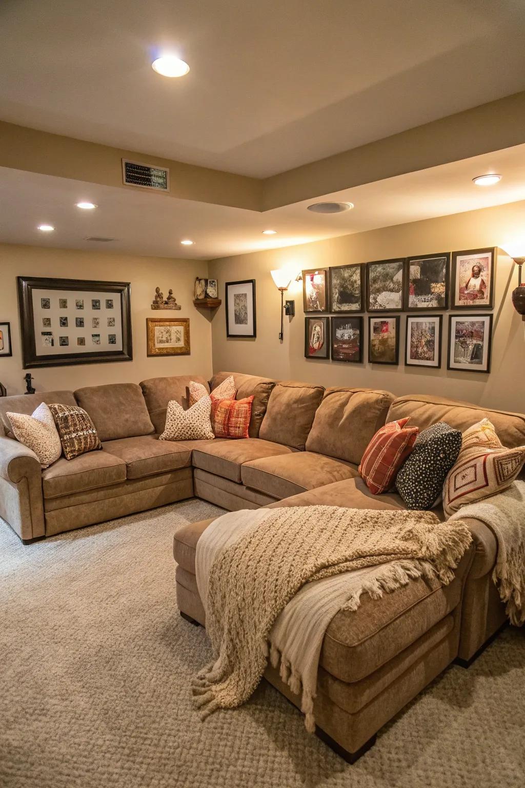 A sectional sofa creates a welcoming vibe in this basement family room.