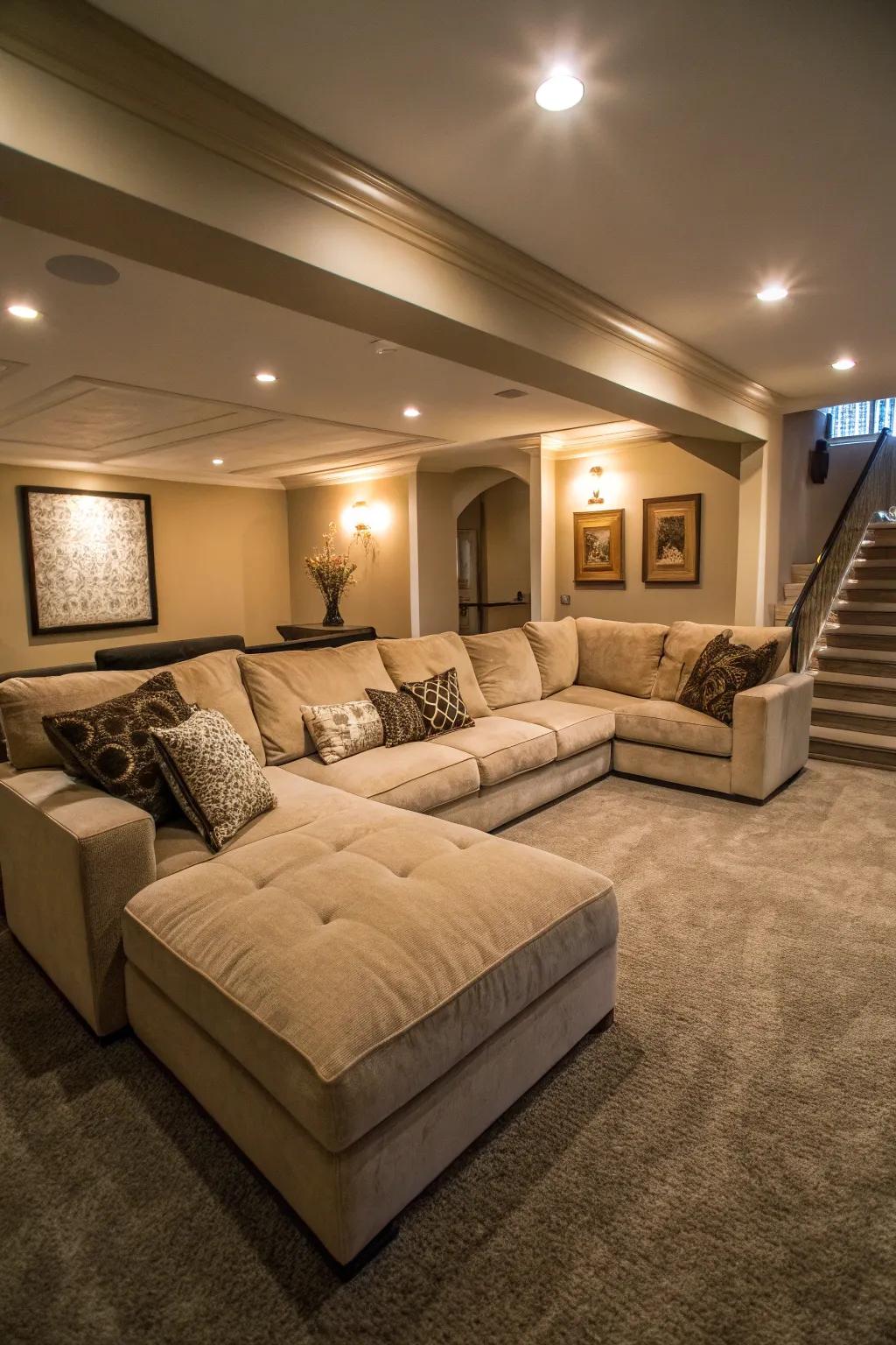 An expansive sectional couch offers lots of seating for relatives and friends within your media room.