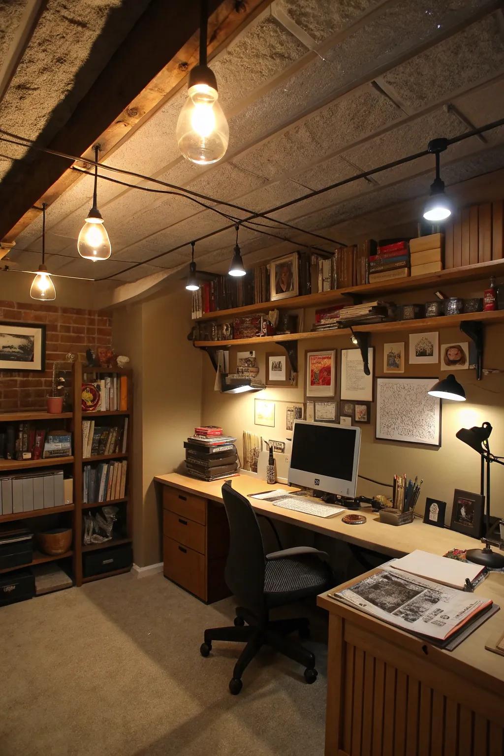 Integrated lighting transforms a windowless basement into an inviting and bright office.