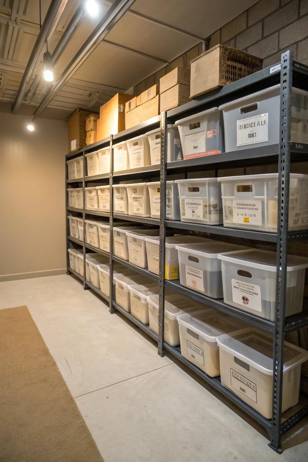Tall shelving units optimize vertical storage in the basement.