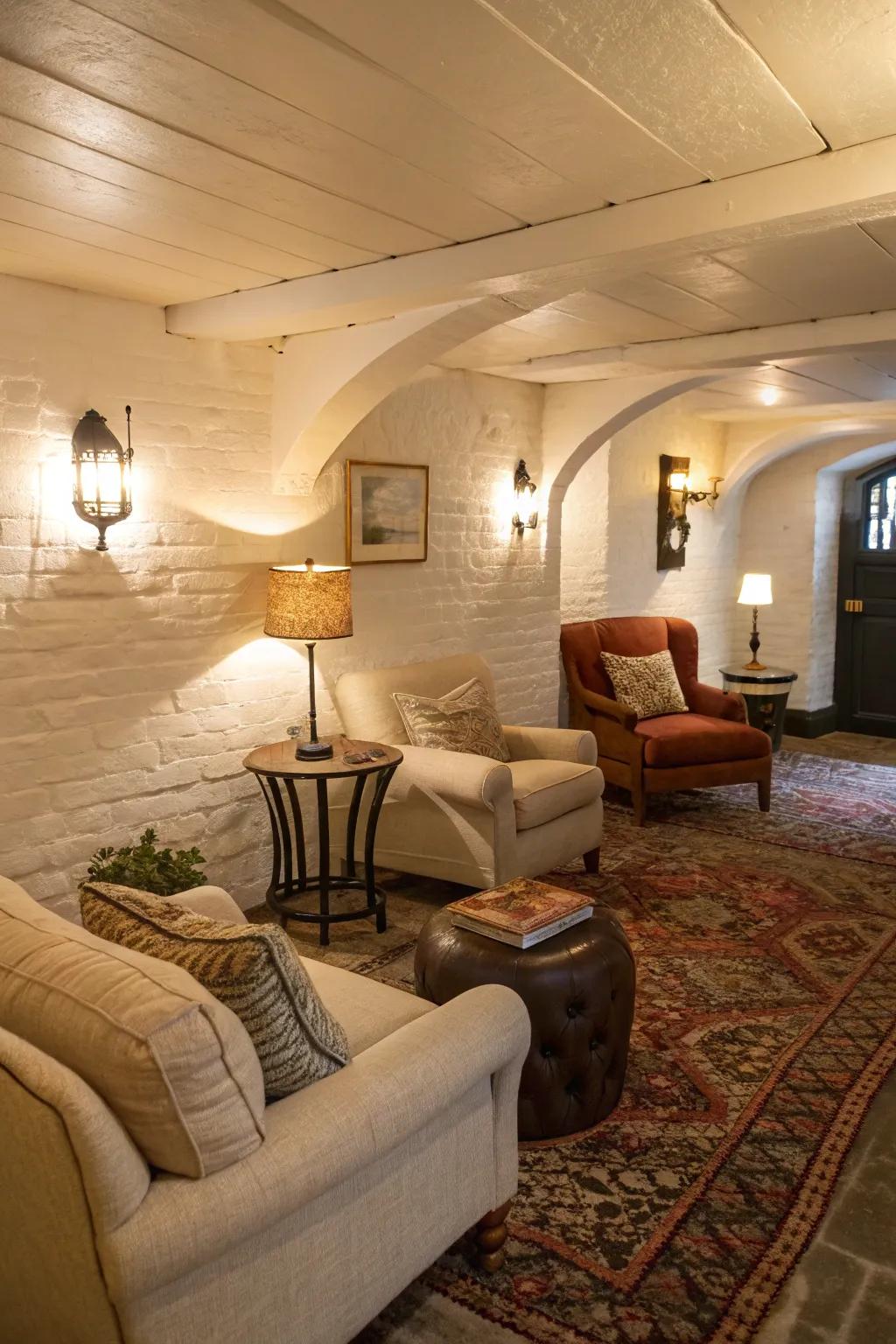 Walls painted in warm white tones foster an inviting basement atmosphere.