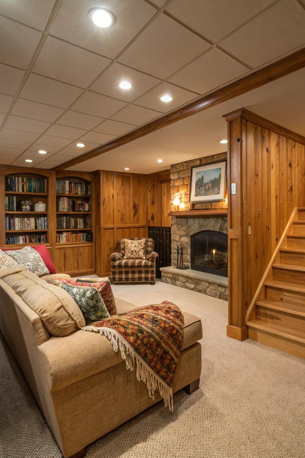 Natural wood paneling brings warmth and a welcoming atmosphere to any basement.