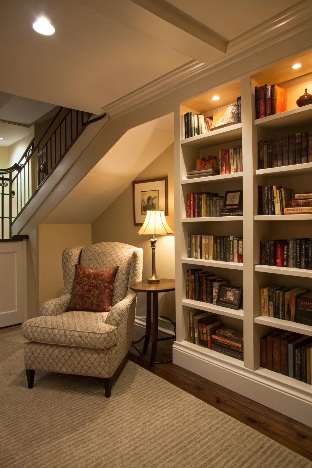 A snug reading sanctuary resides in a basement, featuring custom bookshelves and gentle lighting.