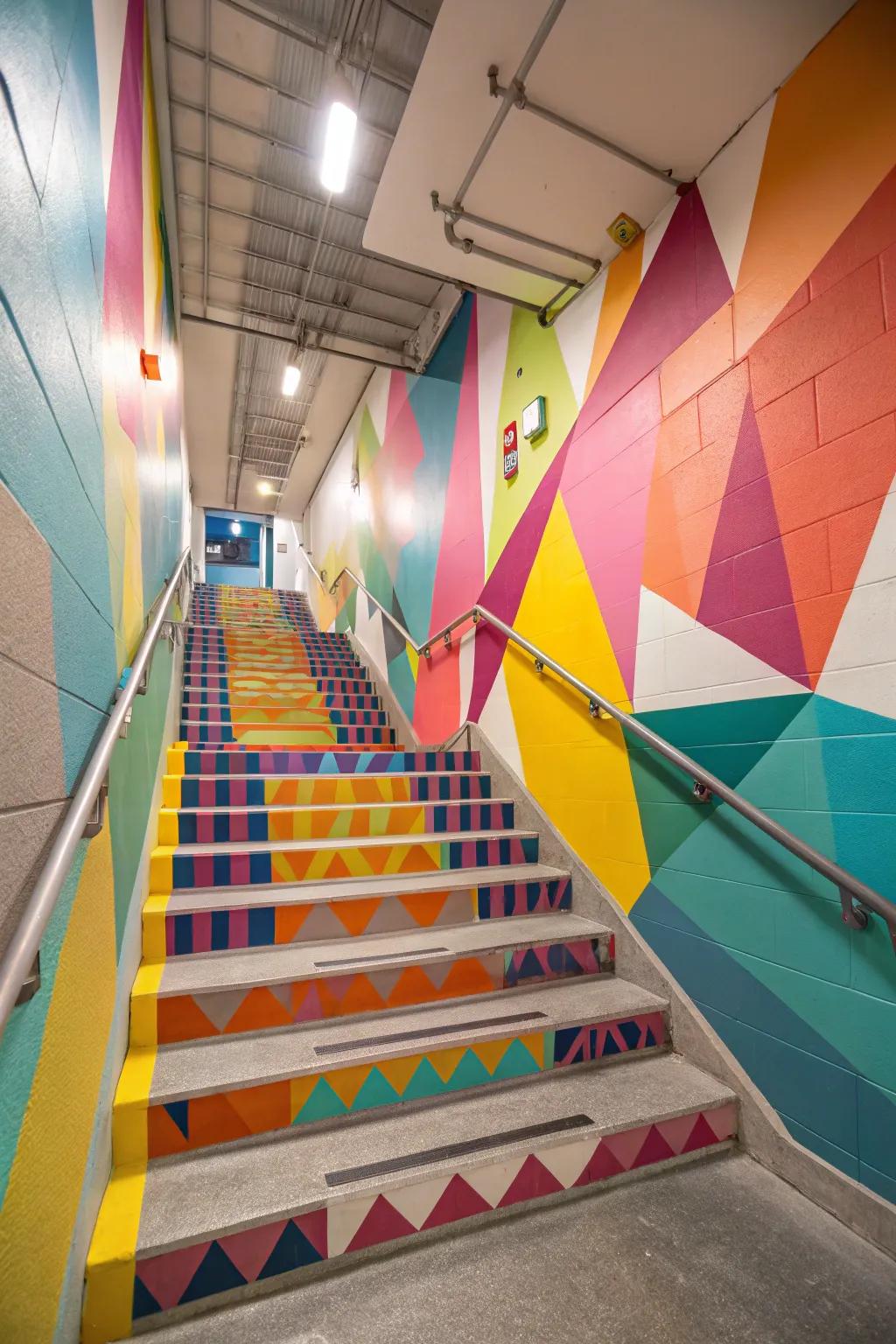 Brilliantly painted stairs introduce an energetic vibe to the basement.