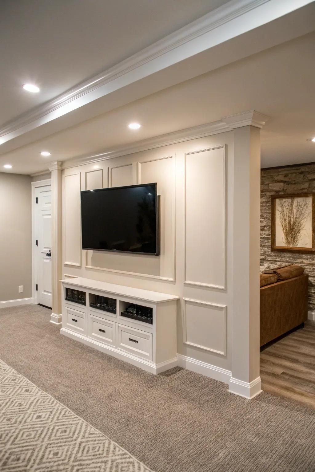 A minimalistic basement TV feature showcasing a refined, wall-affixed TV and muted ornamental components.