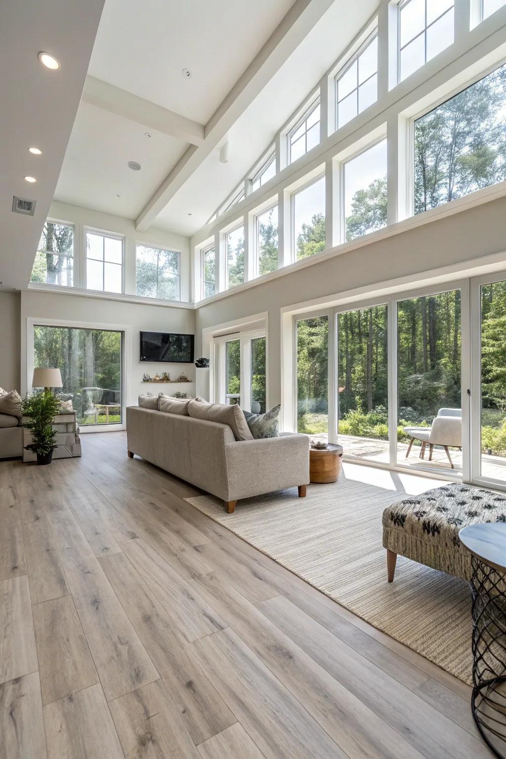 Your basement space is opened up by light wood-look vinyl flooring.