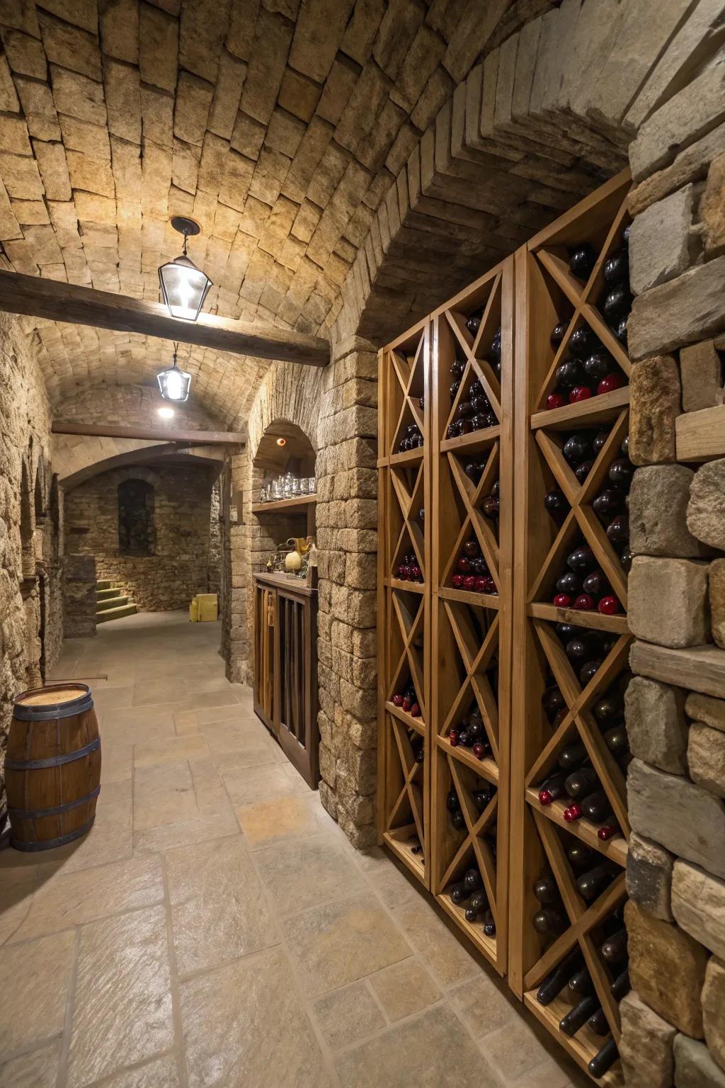 Stone walls add a rustic charm to your basement wine cellar.