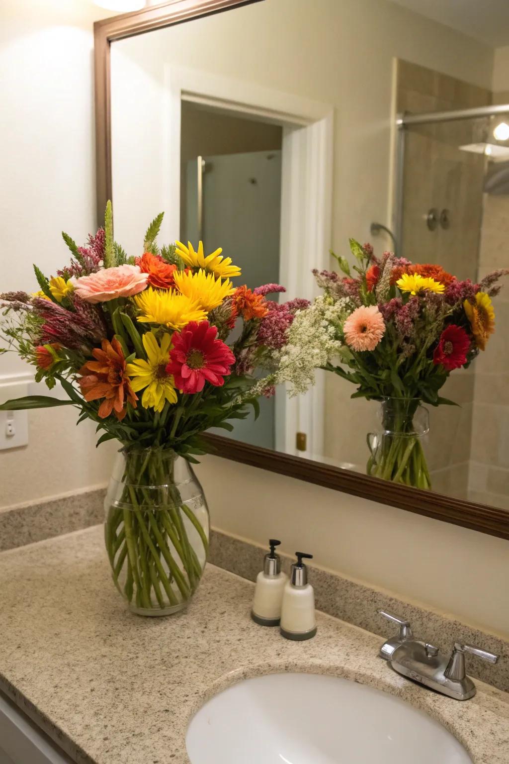 Greet each day with the radiant charm of a floral arrangement gracing your bathroom counter.