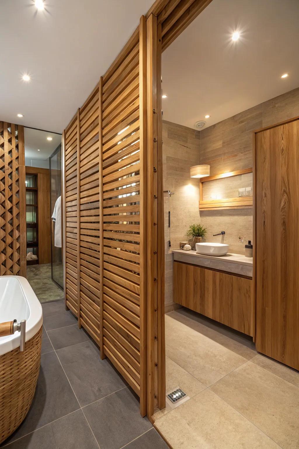 Warm wooden slats add a natural touch to bathroom interiors.