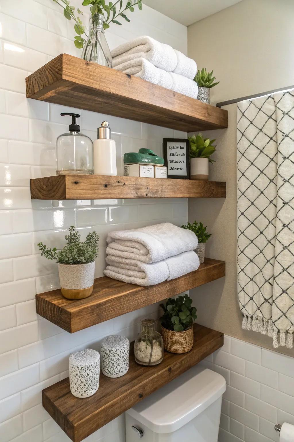 Floating shelves offer a stylish and functional way to display hand towels.