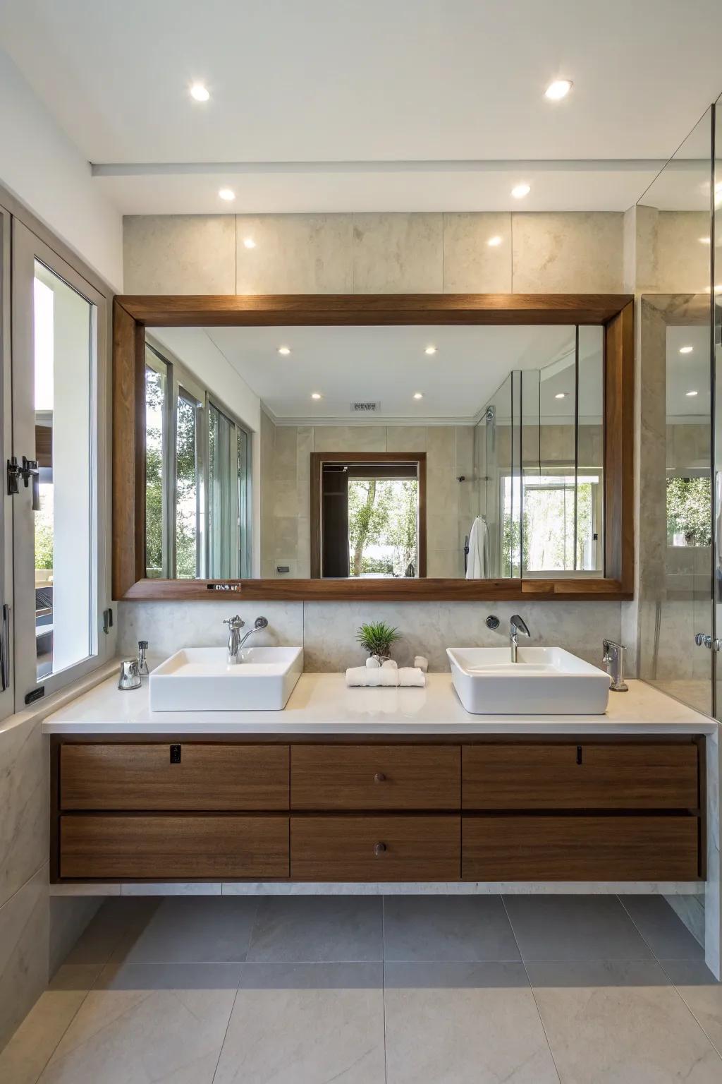 A large mirror above a double vanity creates a unified and airy space.