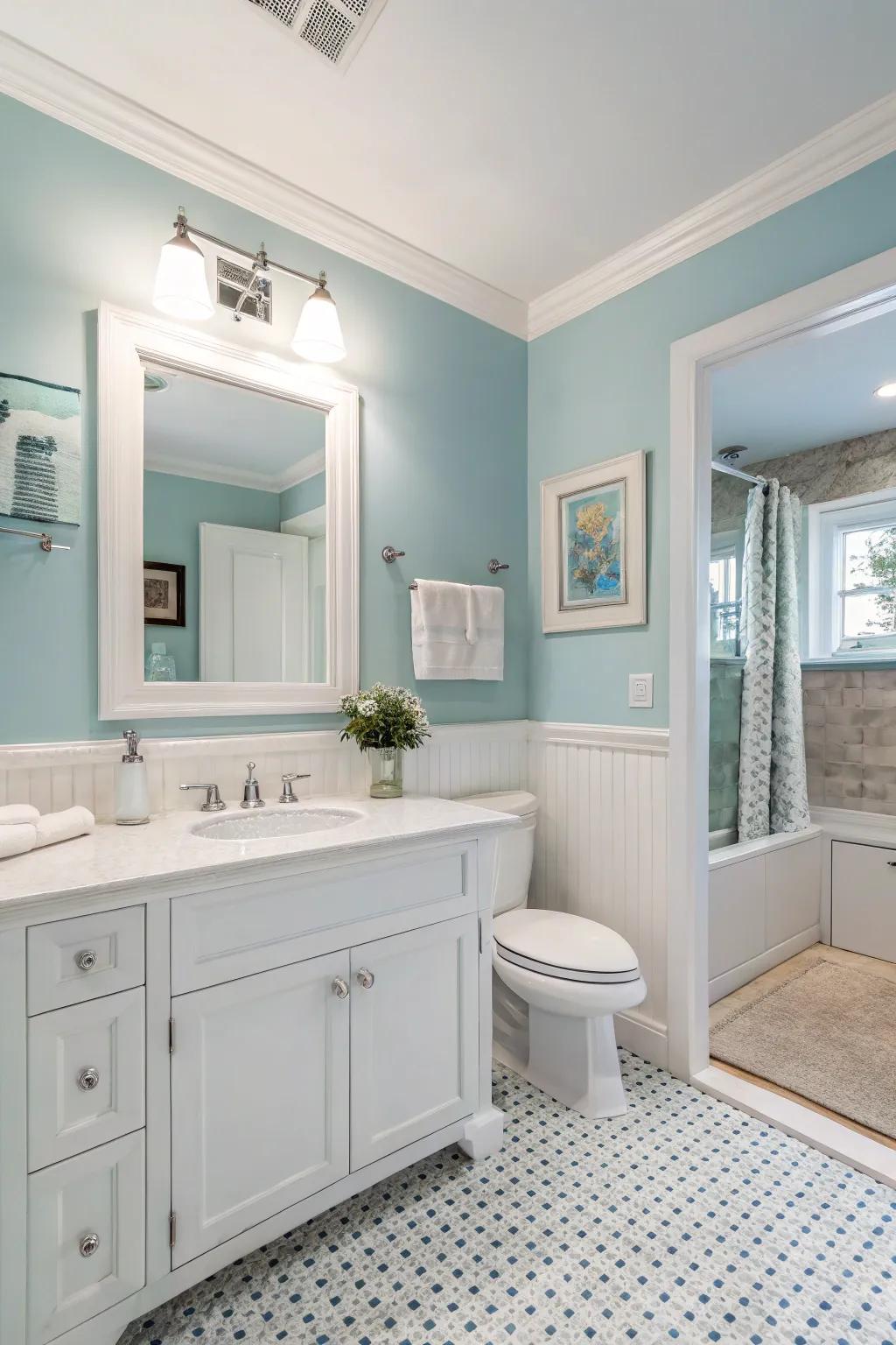 Soft blue walls bring about a calm and peaceful bathroom atmosphere.