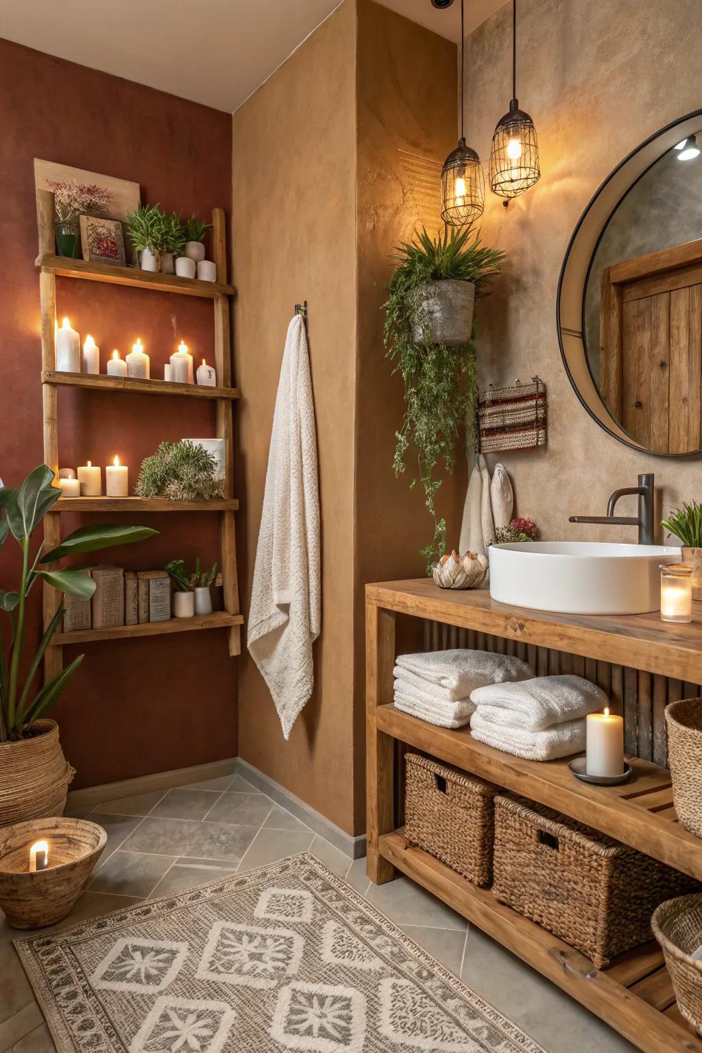 A rustic-style bathroom showcasing warm shades and natural wood features.