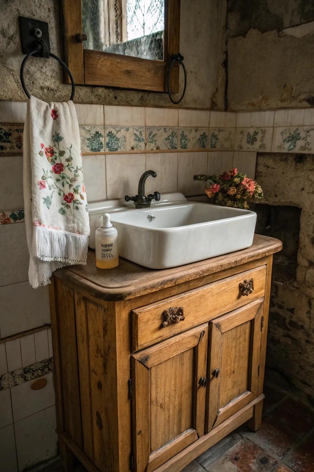 A touch of vintage allure with a wooden cabinet and a traditional sink.
