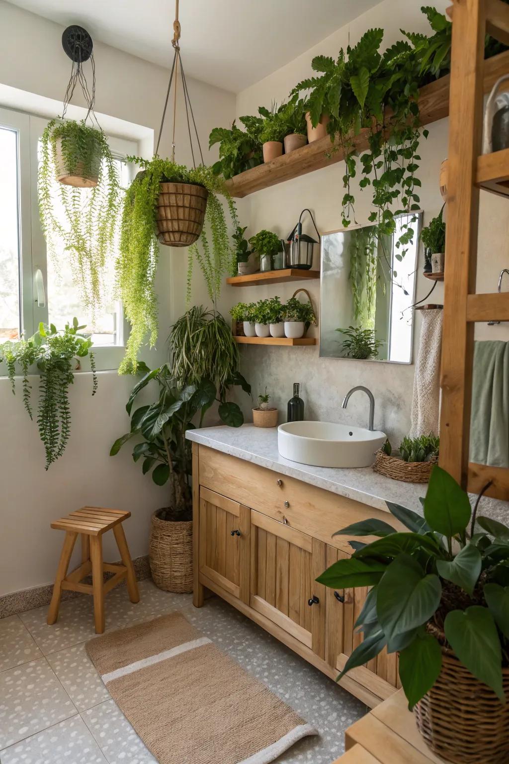Transform your bathroom into a serene nature escape with abundant greenery.