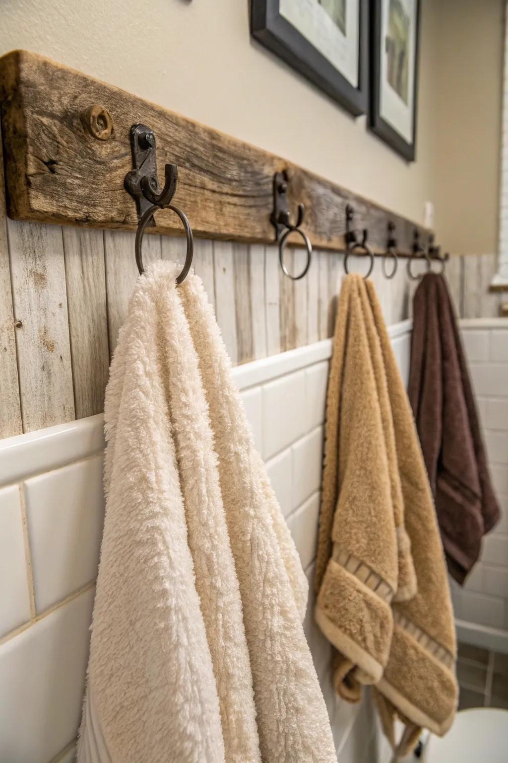 Upcycled wood hangers infuse a country vibe into your bathroom.