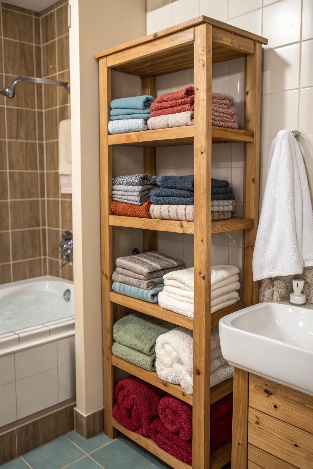 Open shelving transforms towels into a decorative element in your bathroom.