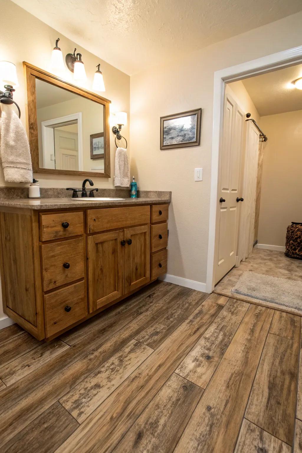 Resilient flooring that captures the essence of rustic wood infuses a cozy atmosphere into this bathroom.