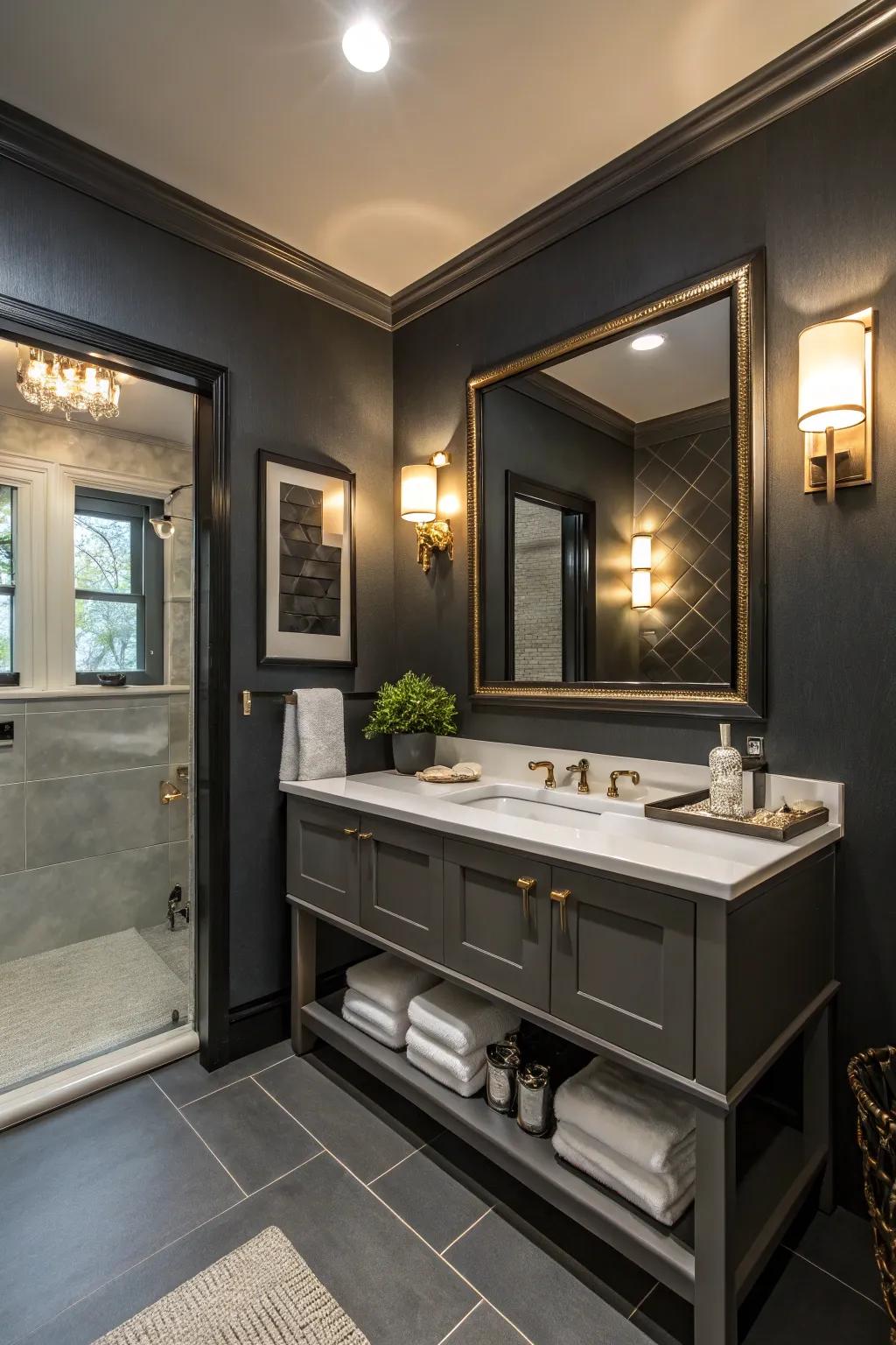 Dark and moody walls provide a bold and cozy bathroom atmosphere.