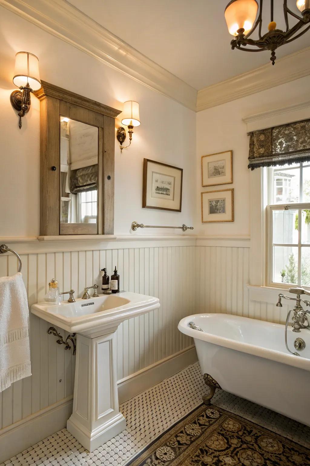 Experience classic beauty with timeless paneling in the bathroom.