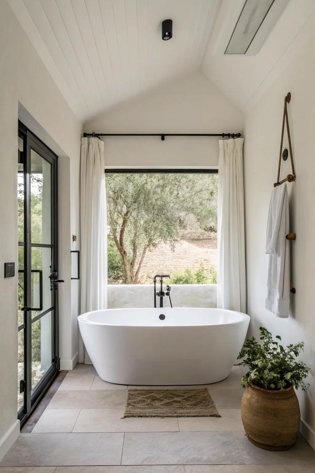 A minimalist bathroom showcases a chic solo bathtub.