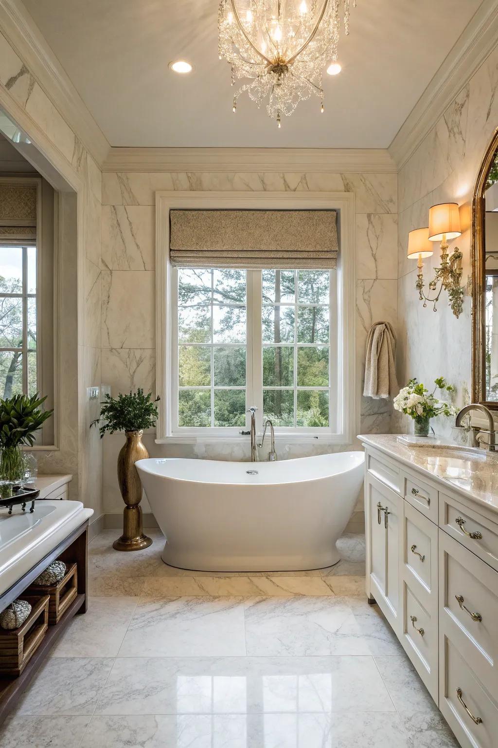 Stand-alone tub taking center stage, surrounded by exquisite bathroom details.