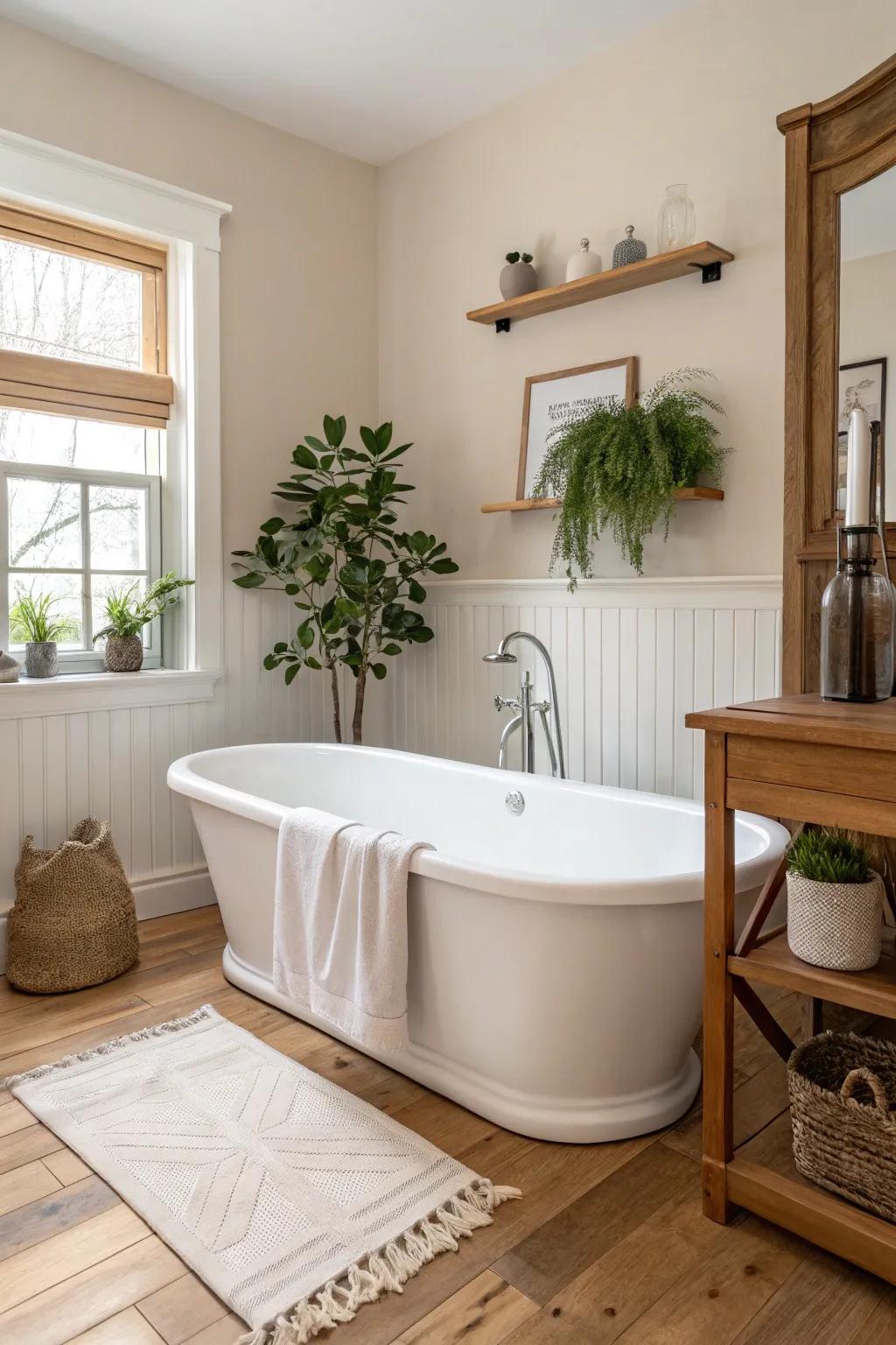 A serene bathroom featuring a classic white freestanding tub against neutral tones.