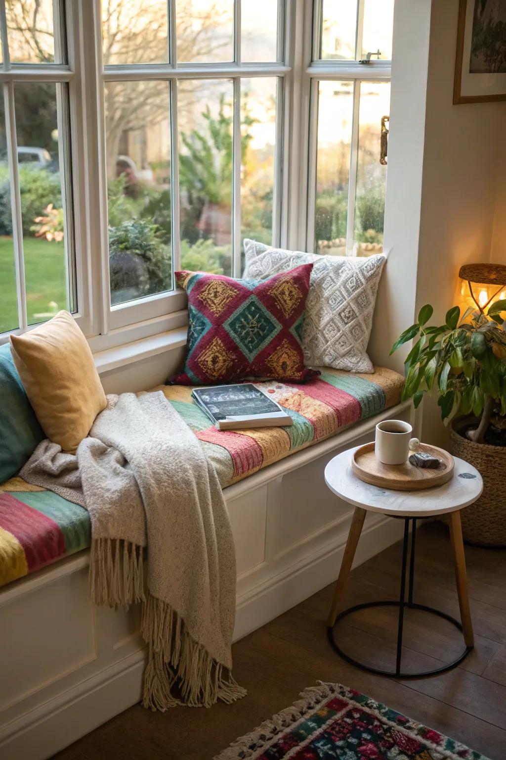 Design a welcoming seating nook with vibrant cushions and a soft throw.