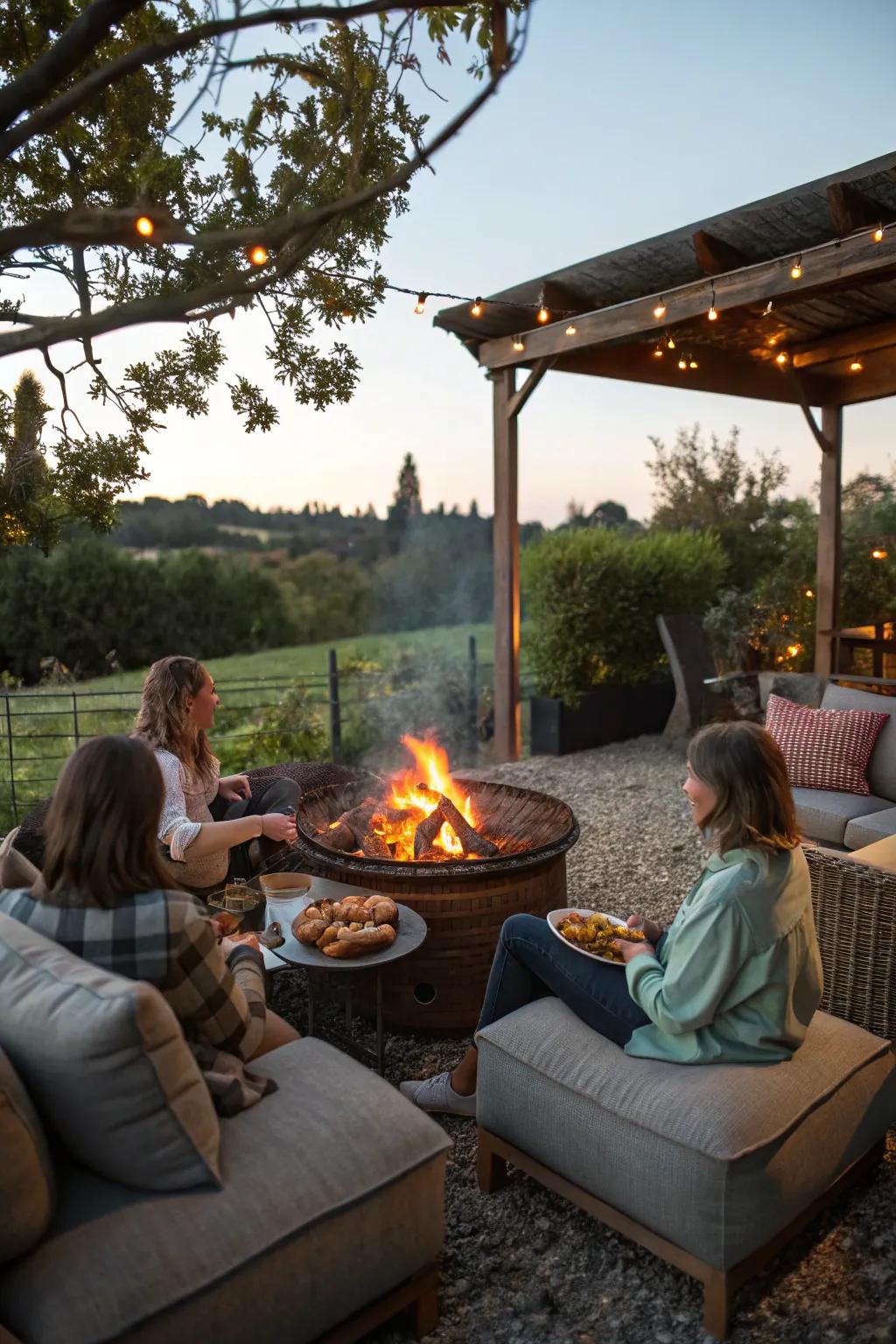 Earthy fire pit grill is perfect for a snug outdoor gathering.