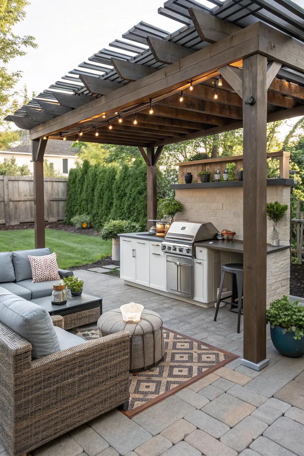 An arbor provides stylish shade to your BBQ patio.