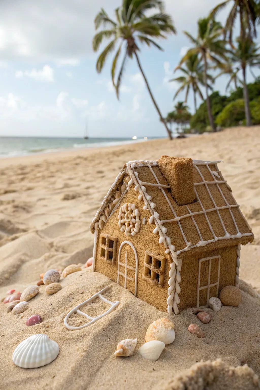 An idyllic sandy beach scene crafted from graham crackers.