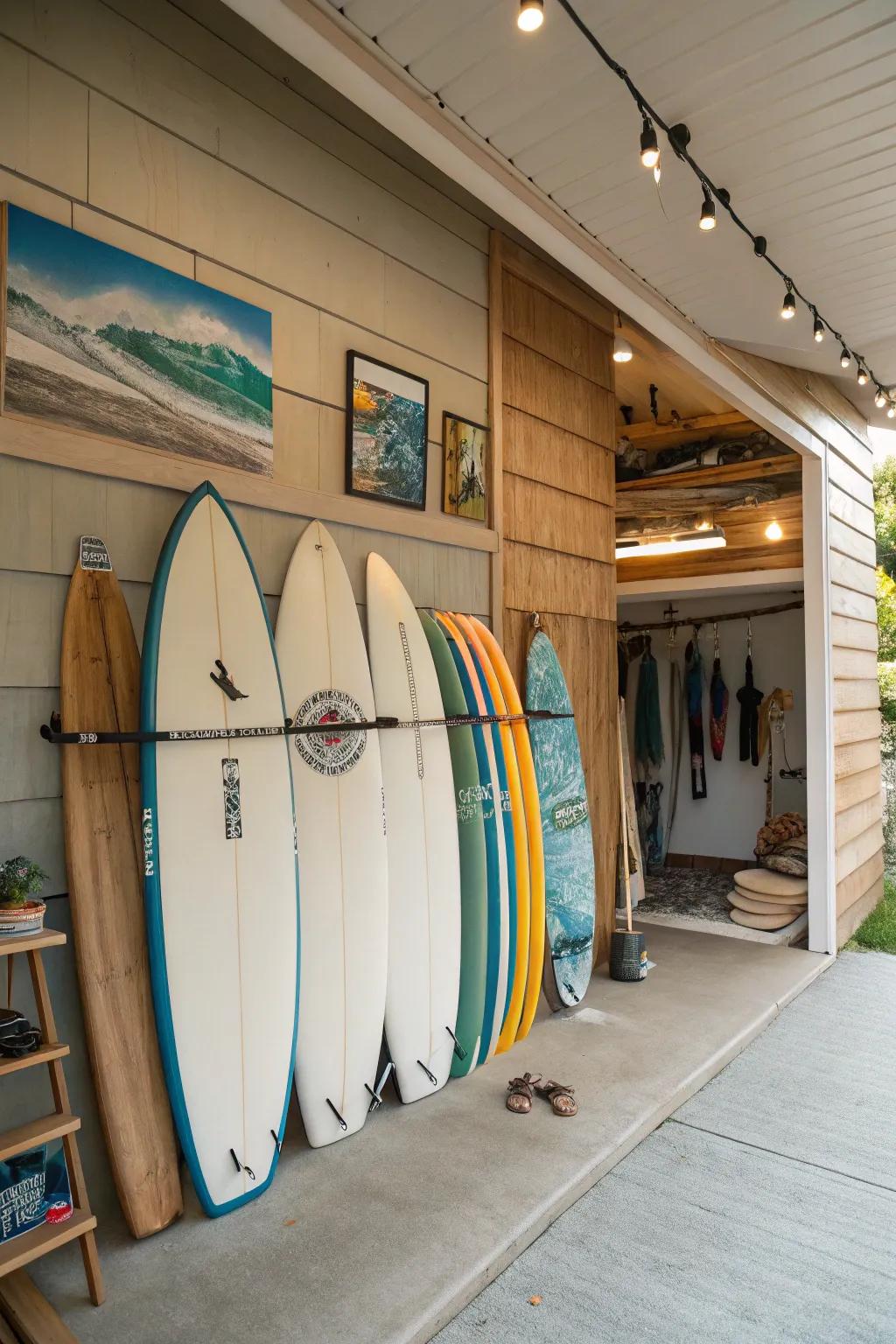 Turn your surfboards into a decorative element using a chic storage wall.