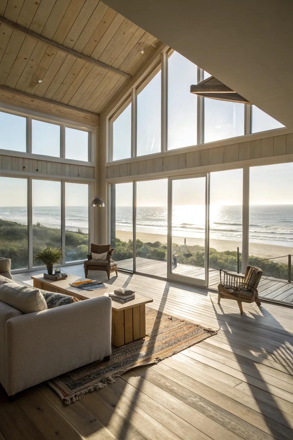 A spacious and airy beach house interior radiating warmth and light.