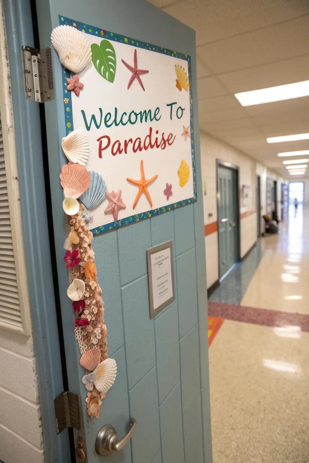 A classroom door extending a warm welcome with a 'Gateway to Serenity' sign and beach-themed elements.