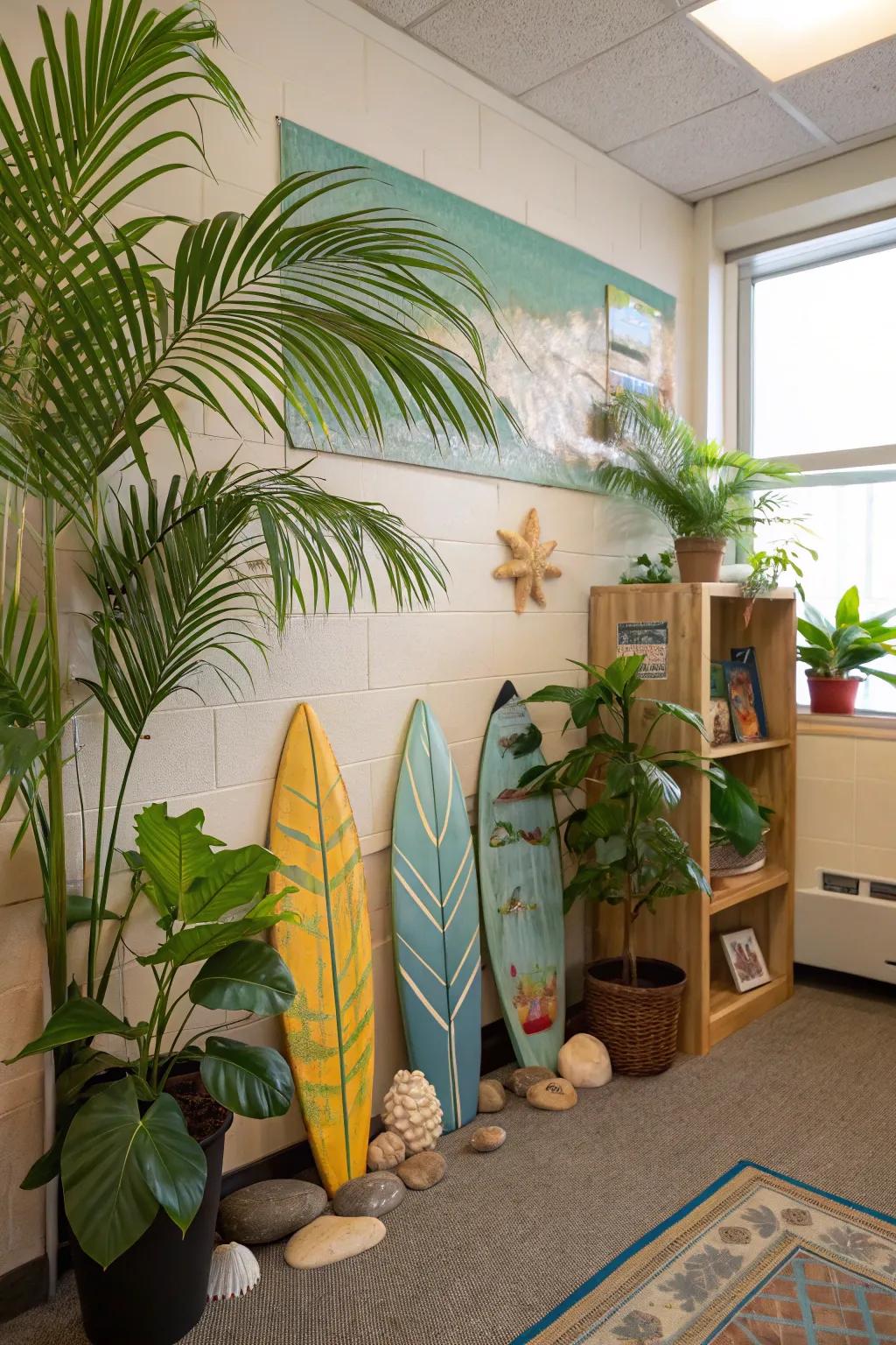 A revitalizing classroom nook featuring tropical plants and ocean-themed decor, evoking a refreshing coastal vibe.