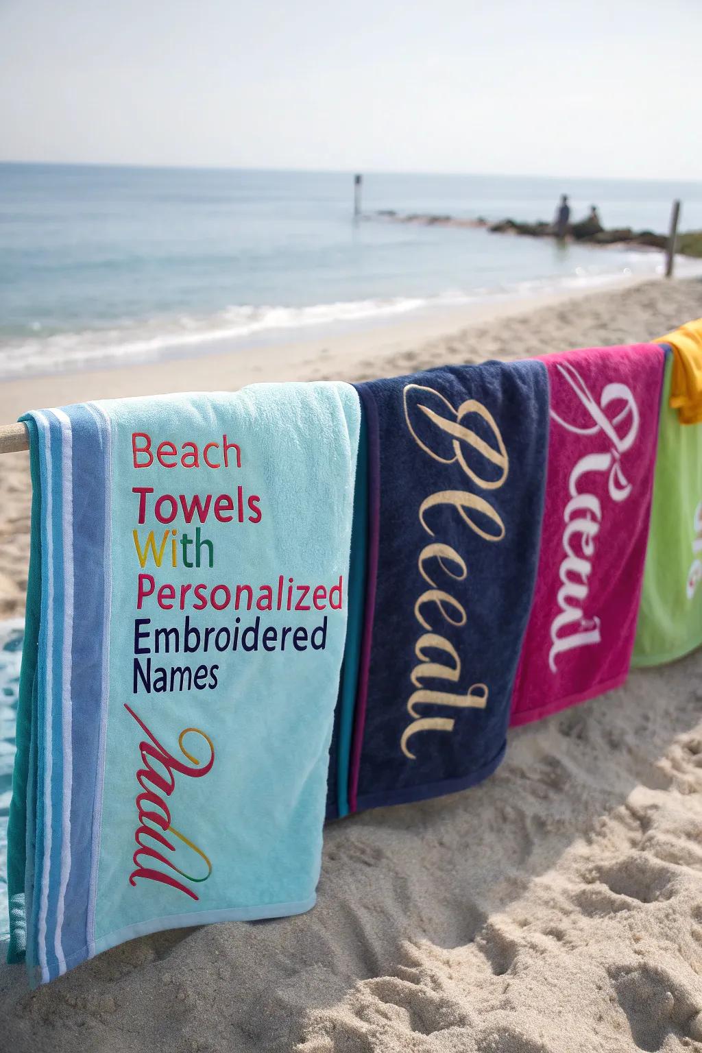 Enhance your beach days with personalized cloths featuring embroidered names.