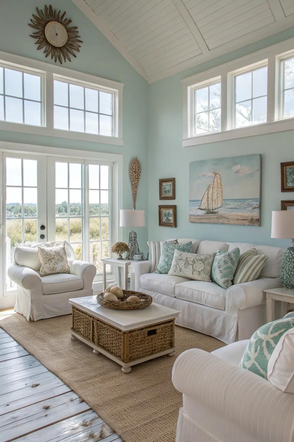 A harmonious palette of soft blues and whites crafts a tranquil seaside atmosphere.